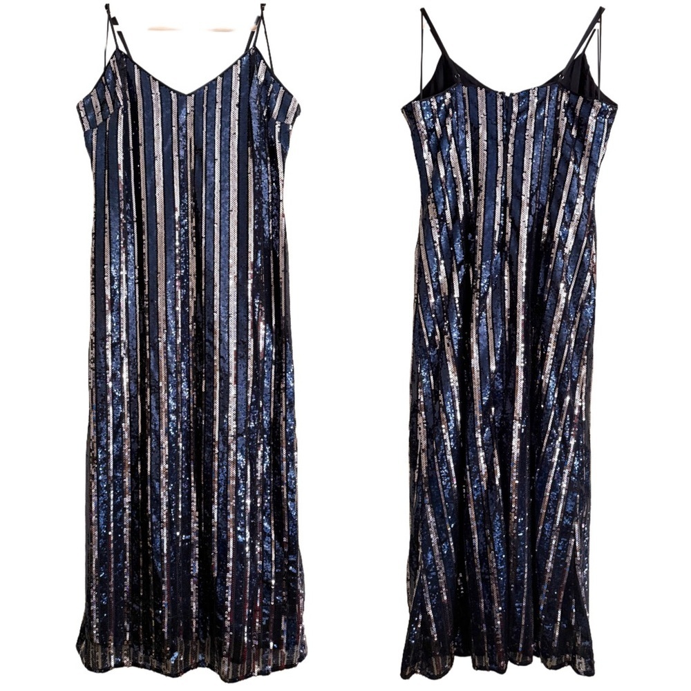 ANTHROPOLOGIE Maeve Sequins Bling Cocktail Party Striped Midi Dress Sz M/P NWT - Picture 2 of 12